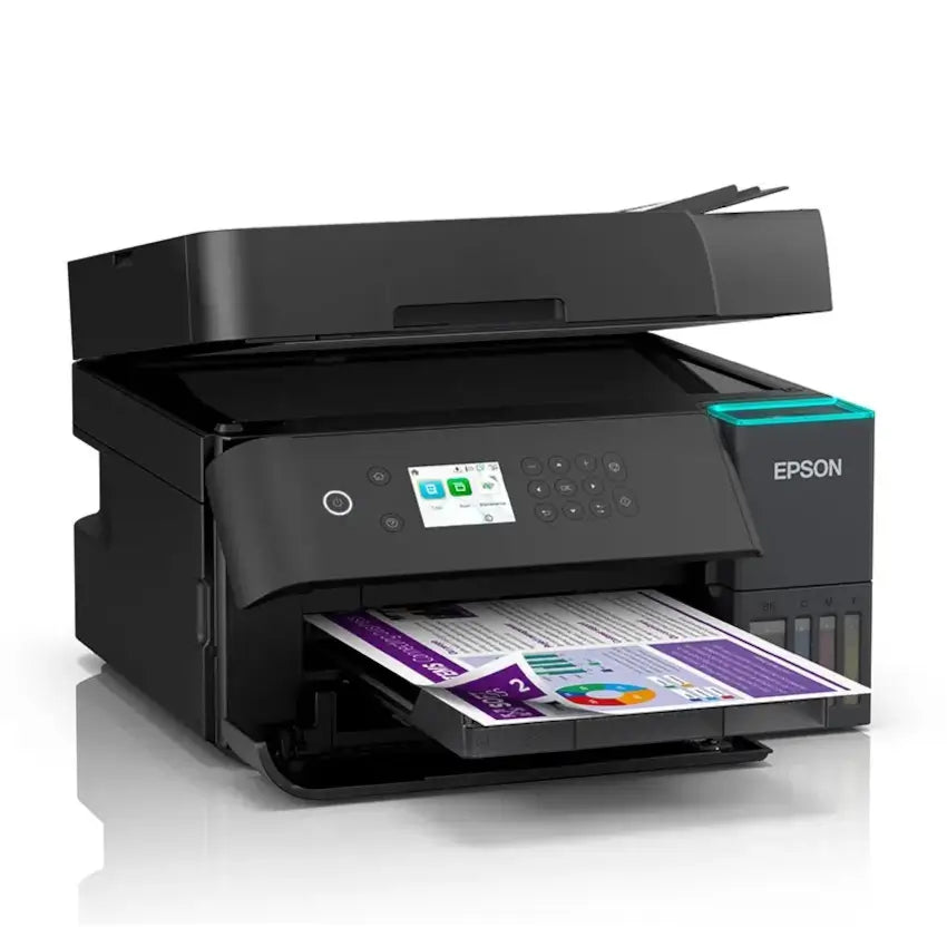 Left angled front view of the Black Epson Ecotank Business L6370 3-in-1 Multifunction printer with documents on a white background