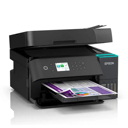 Left angled front view of the Black Epson Ecotank Business L6370 3-in-1 Multifunction printer with documents on a white background