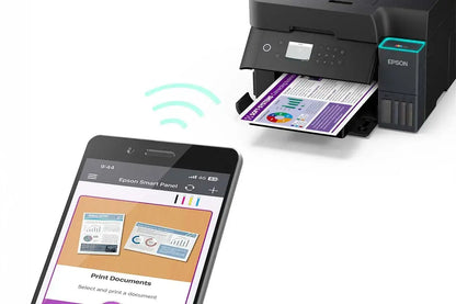 Epson printer connected to a smartphone displaying Epson Smart Panel app on a white background