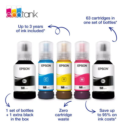 Set of Epson ink bottles with color labels on a white background