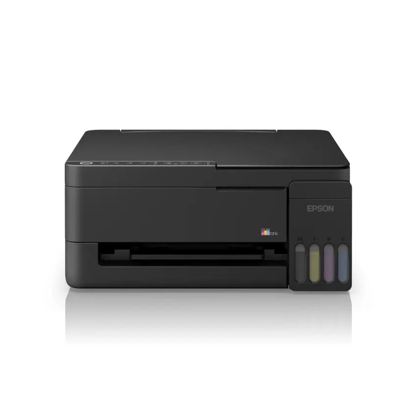 Front view of the Black Epson Ecotank L3351 Wifi multifunction printer on a white background