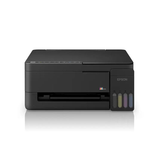 Front view of the Black Epson Ecotank L3351 Wifi multifunction printer on a white background