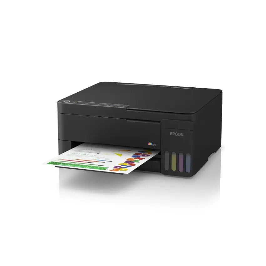 Side angled view of the Black Epson L3351 MFP printer with a colorful document on a white background
