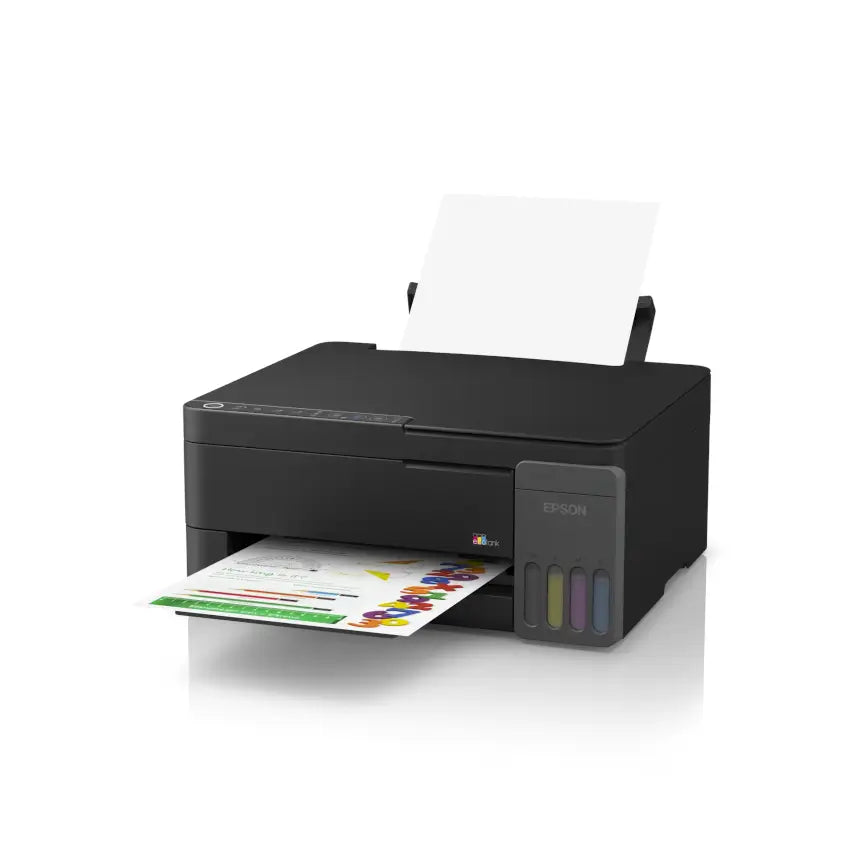 Angled view of the Black Epson Ecotank L3351 3 in 1 printer showing the paper trays