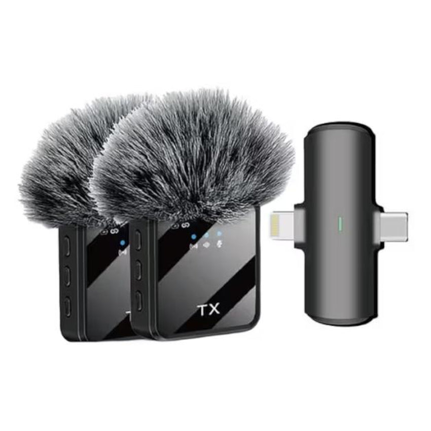 Two black audio devices with fuzzy windshields and a USB-C adapter on a white background.