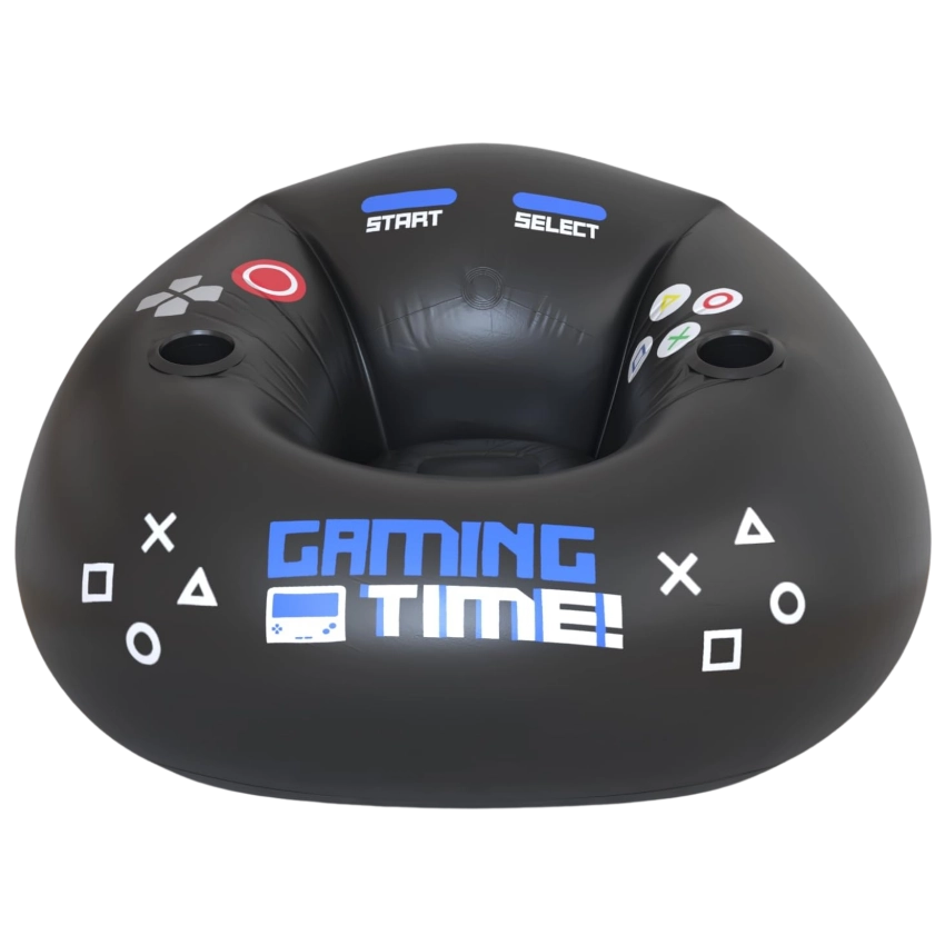 Black inflatable donut-shaped gaming controller with gaming console buttons and 'Gaming Time!' text on a white background.