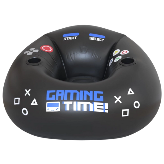 Black inflatable donut-shaped gaming controller with gaming console buttons and 'Gaming Time!' text on a white background.