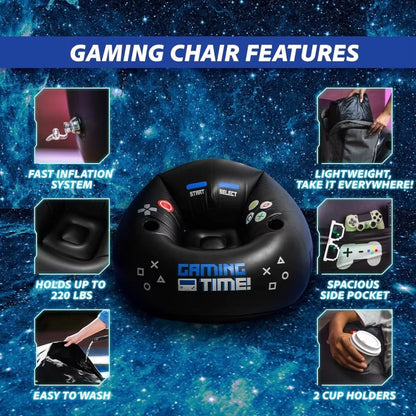 Gaming chair with features highlighted on a space-themed background