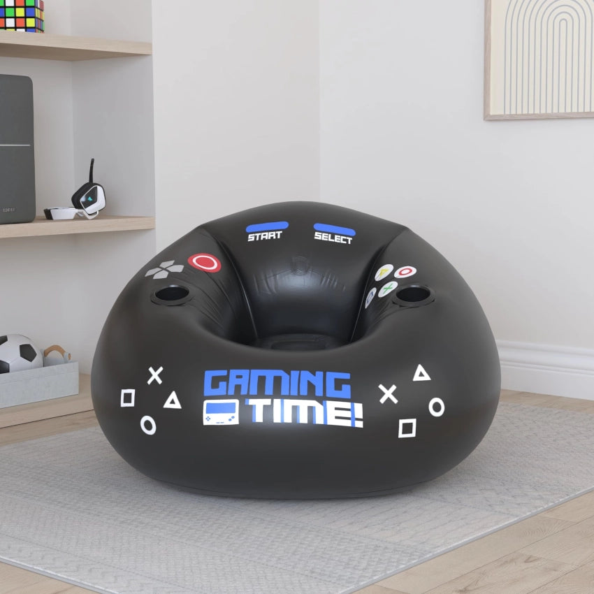 Black gaming-themed bean bag chair with control buttons and 'Gaming Time!' text in a room setting.