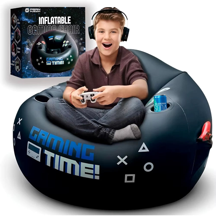 Inflatable gaming chair with a child playing, featuring 'Gaming Time!' text and gaming console symbols.