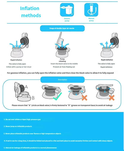 Instructions for inflating a product using electric and manual pumps with step-by-step diagrams.