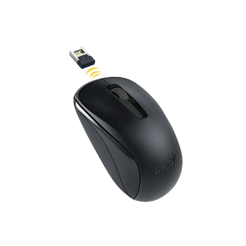 Black Genius NX-7005 wireless ambidextrous computer mouse with USB receiver on a white background