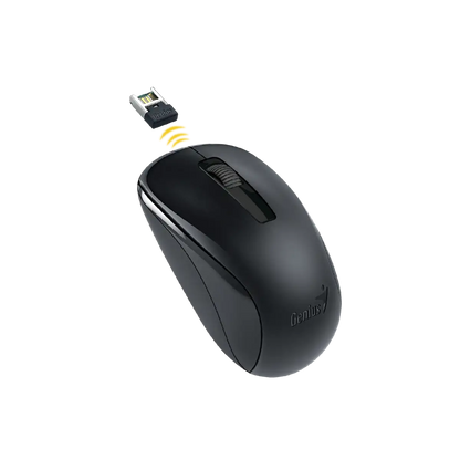 Black Genius NX-7005 wireless ambidextrous computer mouse with USB receiver on a white background
