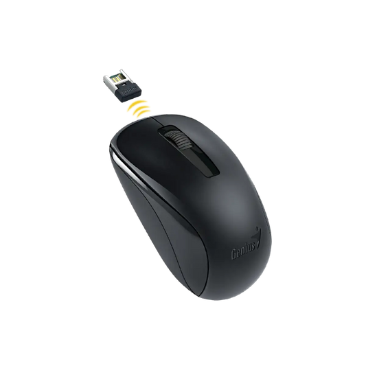 Black Genius NX-7005 wireless ambidextrous computer mouse with USB receiver on a white background