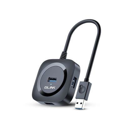 Front view of the Glink GL-U02 USB3.0 4 port usb hub showing ports and the USB connector