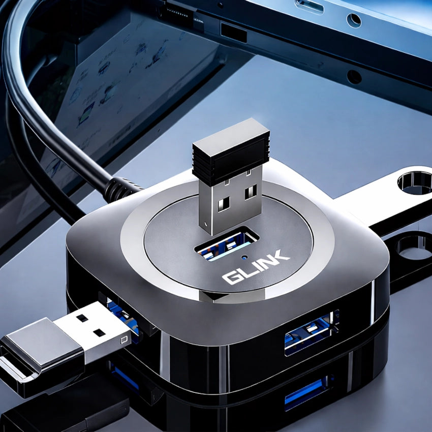Image of the Glink USB3.0 4 port usbhub on a desk showing usb devices plugged in to it.