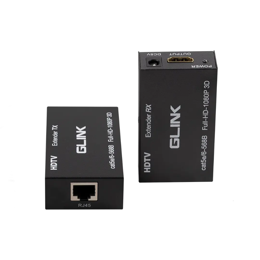 Two black Glink HDTV extender devices on a white background