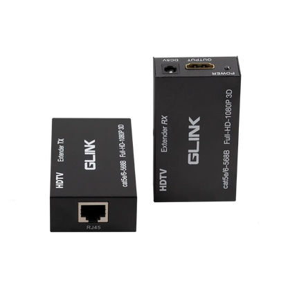 Two black Glink HDTV extender devices on a white background