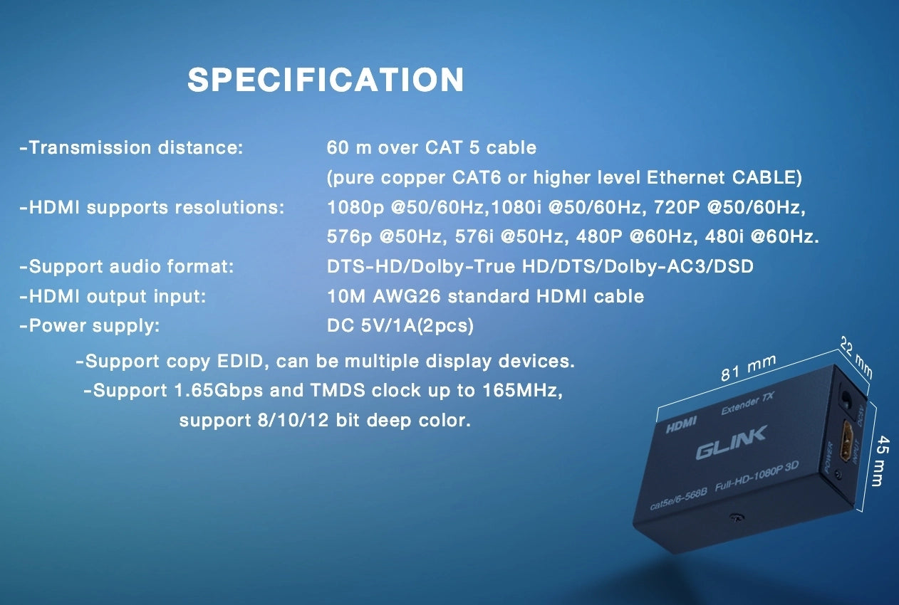 HDMI extender specification details on a blue background with Glink branding.