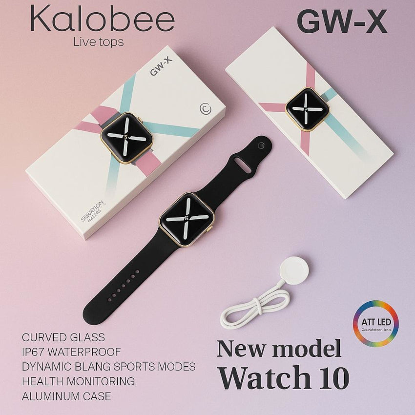 Black smartwatch with packaging and accessories on a pink background, featuring Kalobee brand.