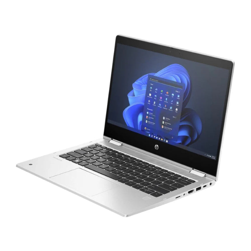 Right side angled view of the HP ProBook x360 435 G10 Laptop showing a geometric design with Windows start menu 