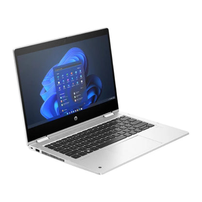 Left side angled view of the HP ProBook x360 435 G10 Laptop showing a geometric design with Windows start menu 