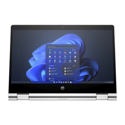 Top view of the HP ProBook x360 435 G10 Laptop in tablet mode showing a geometric design with Windows start menu 