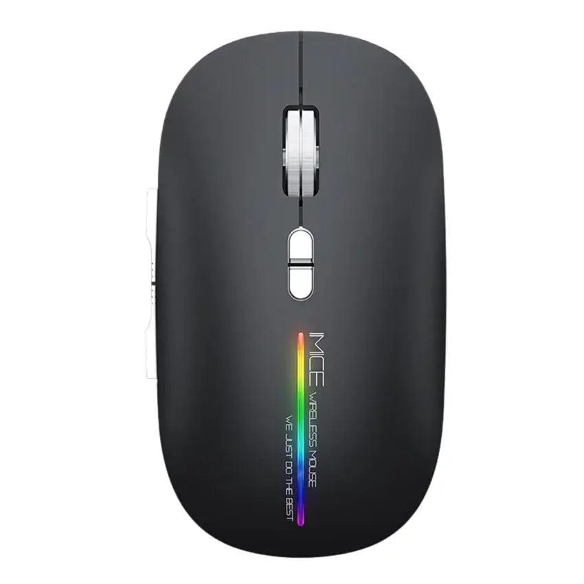 A wireless computer mouse in matte black with a vertical RGB rainbow light strip on the lower front..