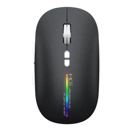 A wireless computer mouse in matte black with a vertical RGB rainbow light strip on the lower front..