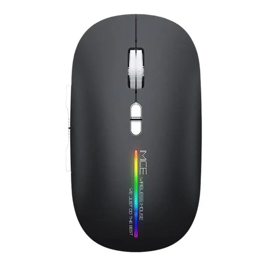 A wireless computer mouse in matte black with a vertical RGB rainbow light strip on the lower front..