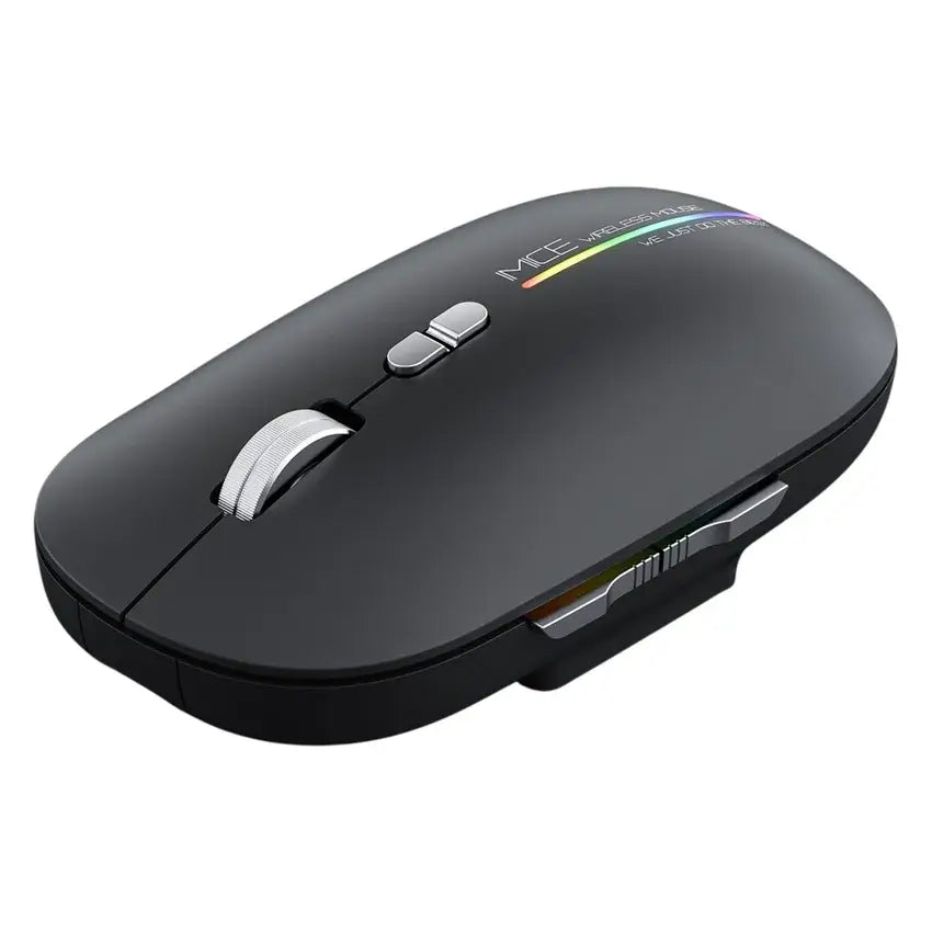 A black wireless computer mouse with a silver scroll wheel and buttons, featuring a small rainbow LED light strip on top, shown on a plain white background.