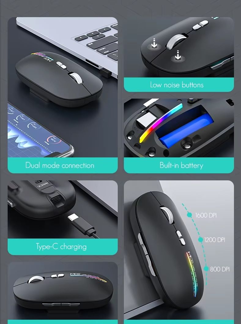 A 2x3 collage showing a black wireless mouse from multiple angles with feature callouts: low noise buttons, built-in battery, dual mode connection, Type-C charging, and DPI up to 1600. The mouse has a glossy black finish with silver scroll wheels and a small rainbow LED accent.