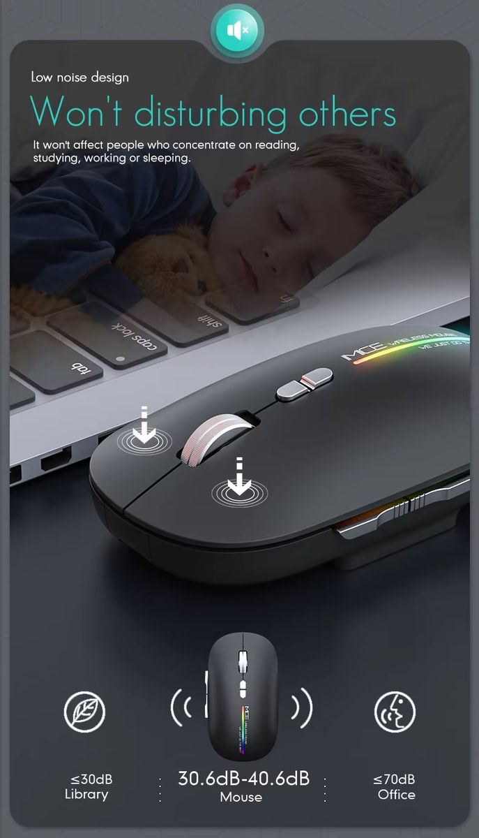 A black wireless computer mouse with RGB lighting on a dark desk, shown in a promotional graphic and feature callouts including noise levels and wireless connectivity.