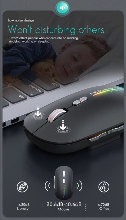 A black wireless computer mouse with RGB lighting on a dark desk, shown in a promotional graphic and feature callouts including noise levels and wireless connectivity.