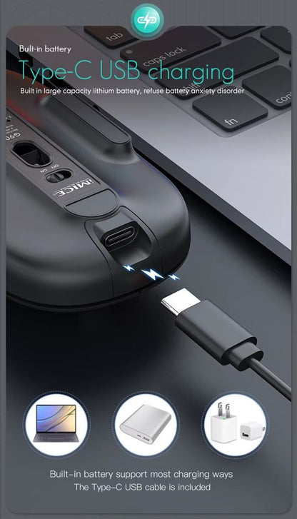 A close-up promotional shot of a black wireless mouse with a built-in USB-C port, shown plugging into a laptop. The image includes marketing text, a small circular EFA logo at the top, and three small feature icons at the bottom illustrating laptop charging, external power bank use, and wall charging.