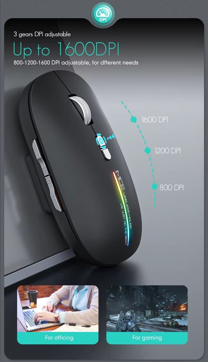 A black wireless gaming mouse with RGB lighting and a silver scroll wheel, shown on a dark gray background with promotional text and two small lifestyle inset images at the bottom.