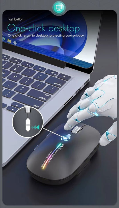 A black wireless computer mouse with a colorful RGB light strip, shown next to a laptop keyboard and a white robotic hand touching the mouse. Text on the image highlights features like 'One-click desktop'.