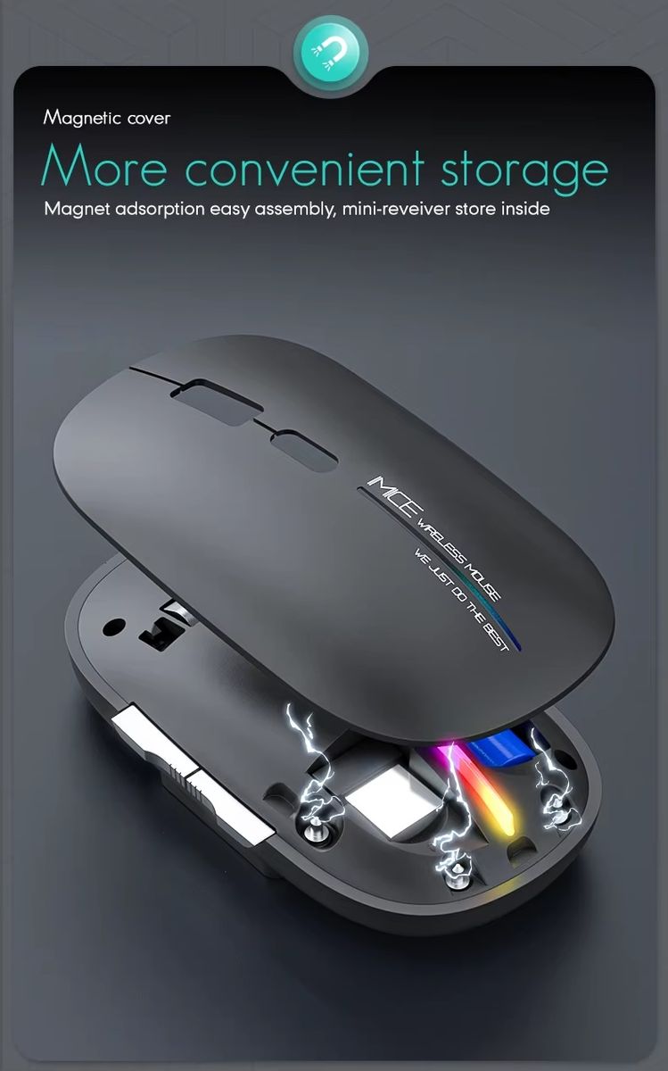 A black magnetic computer mouse shown open to reveal a built-in USB storage compartment with colorful LED light accents inside, on a dark gray background with promotional text at the top.