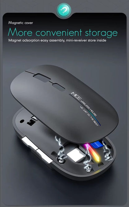 A black magnetic computer mouse shown open to reveal a built-in USB storage compartment with colorful LED light accents inside, on a dark gray background with promotional text at the top.