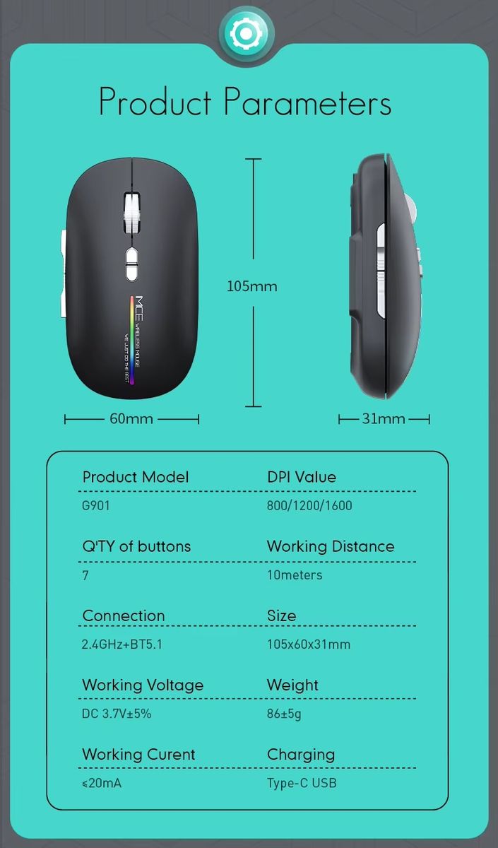 A teal product information graphic showing a black wireless mouse from two angles with dimensions labeled 105mm length, 60mm width, and 31mm depth. Text below lists product model, DPI value, button quantity, connection, size, working distance, working voltage, weight, and charging type.