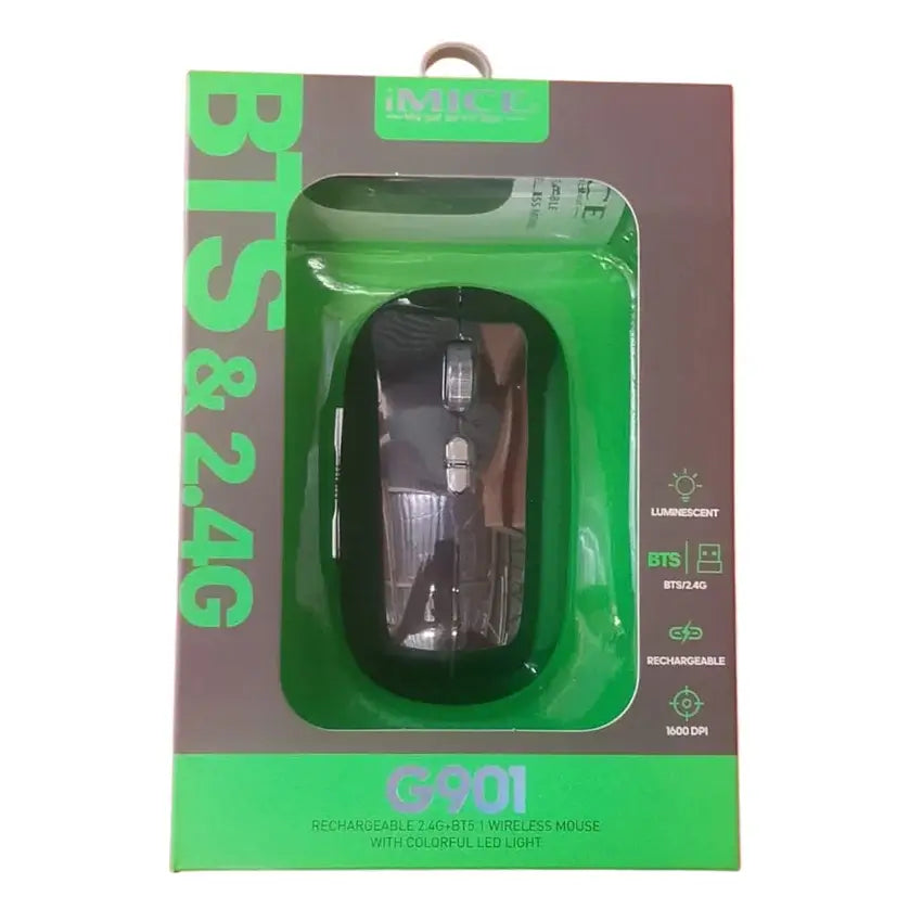 IMIX G901 BTS & 2.4G wireless mouse in its original retail packaging, featuring a green and dark gray box with a clear plastic window displaying the black mouse inside.