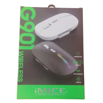 iMICE G901 Wireless Gaming Mouse retail packaging box, featuring a white and dark gray wireless mouse design with green accents and product feature icons on a white background.