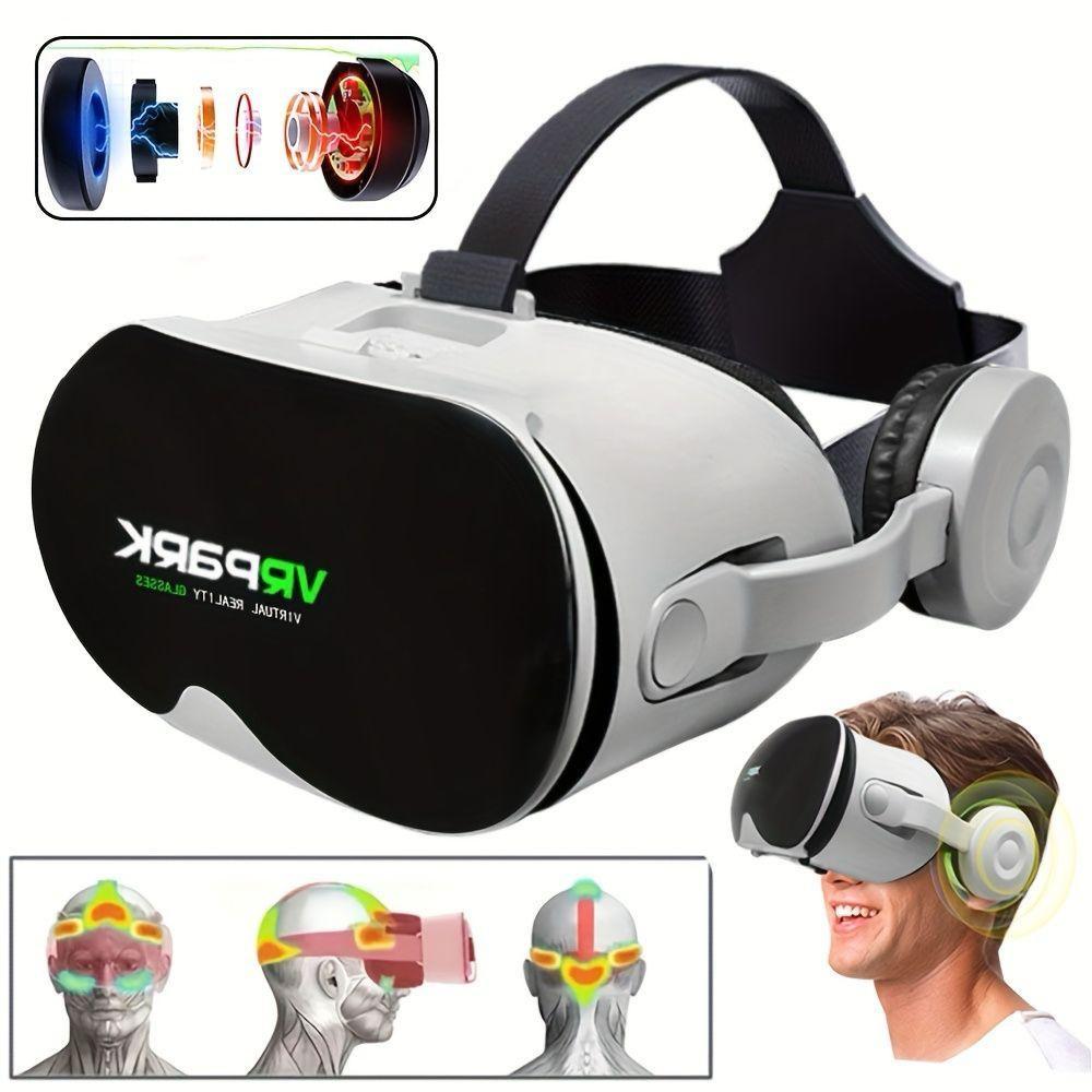 VR headset with a person wearing it, showing brain activity with colorful graphics.