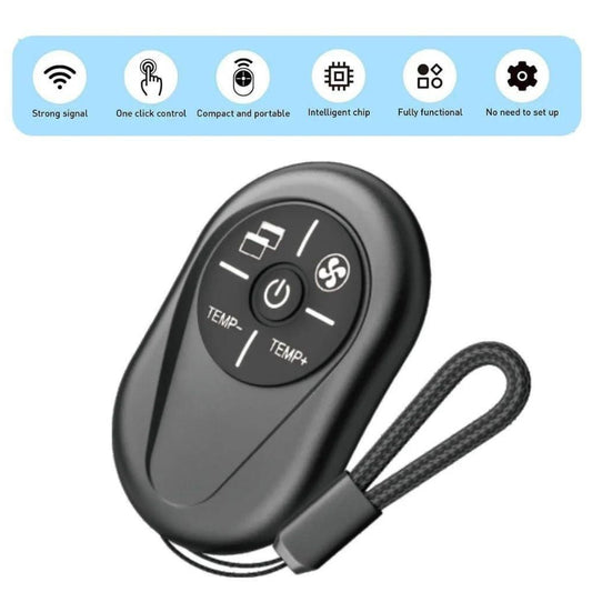 Black remote control with features listed above on a white background