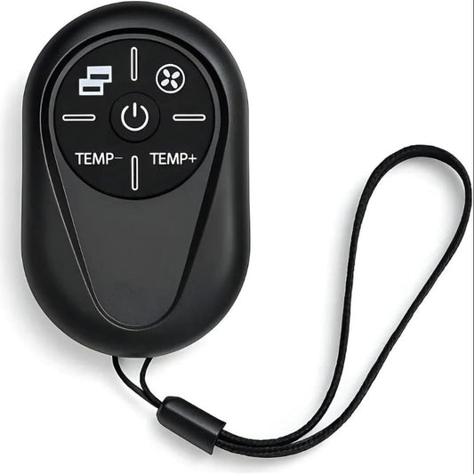 Black air conditioner temperature remote with a lanyard on a white background