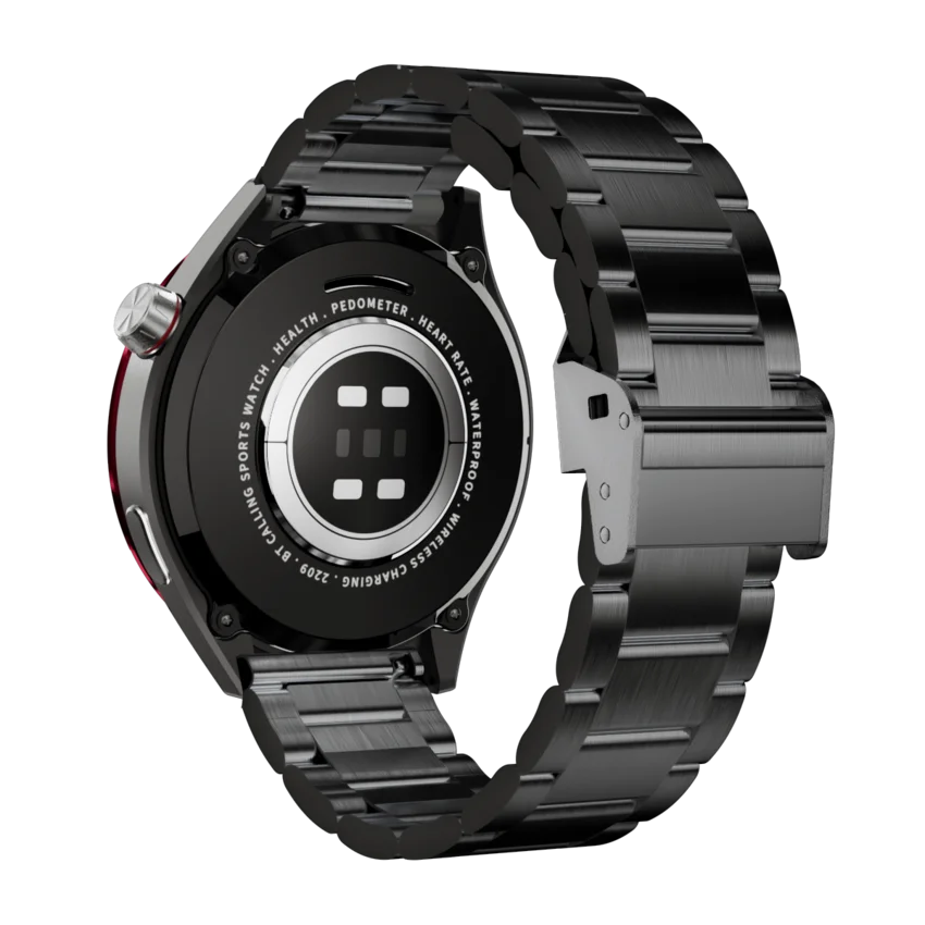 Kalobee SK39 Black smartwatch with metal band on a white background
