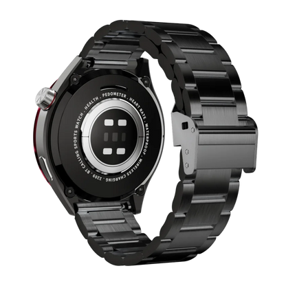Kalobee SK39 Black smartwatch with metal band on a white background