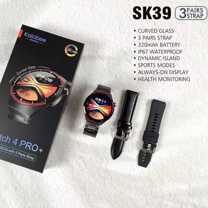 Kalobee SK39 Smartwatch with packaging and additional straps on a white surface, featuring Kalobee branding.