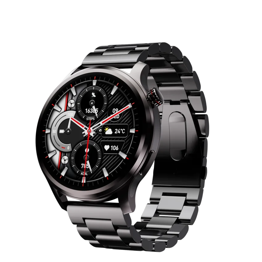 Slight right angled view of the Kalobee SK51 Business Smart Watch with an analogue watch face 