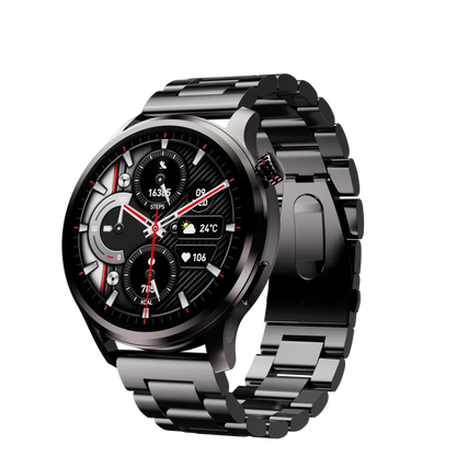 Slight right angled view of the Kalobee SK51 Business Smart Watch with an analogue watch face 